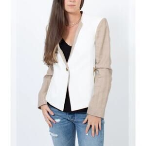 Calvin Klein Linen Blend Khaki White Gold Zipper Pockets Woman Blazer Sz 12